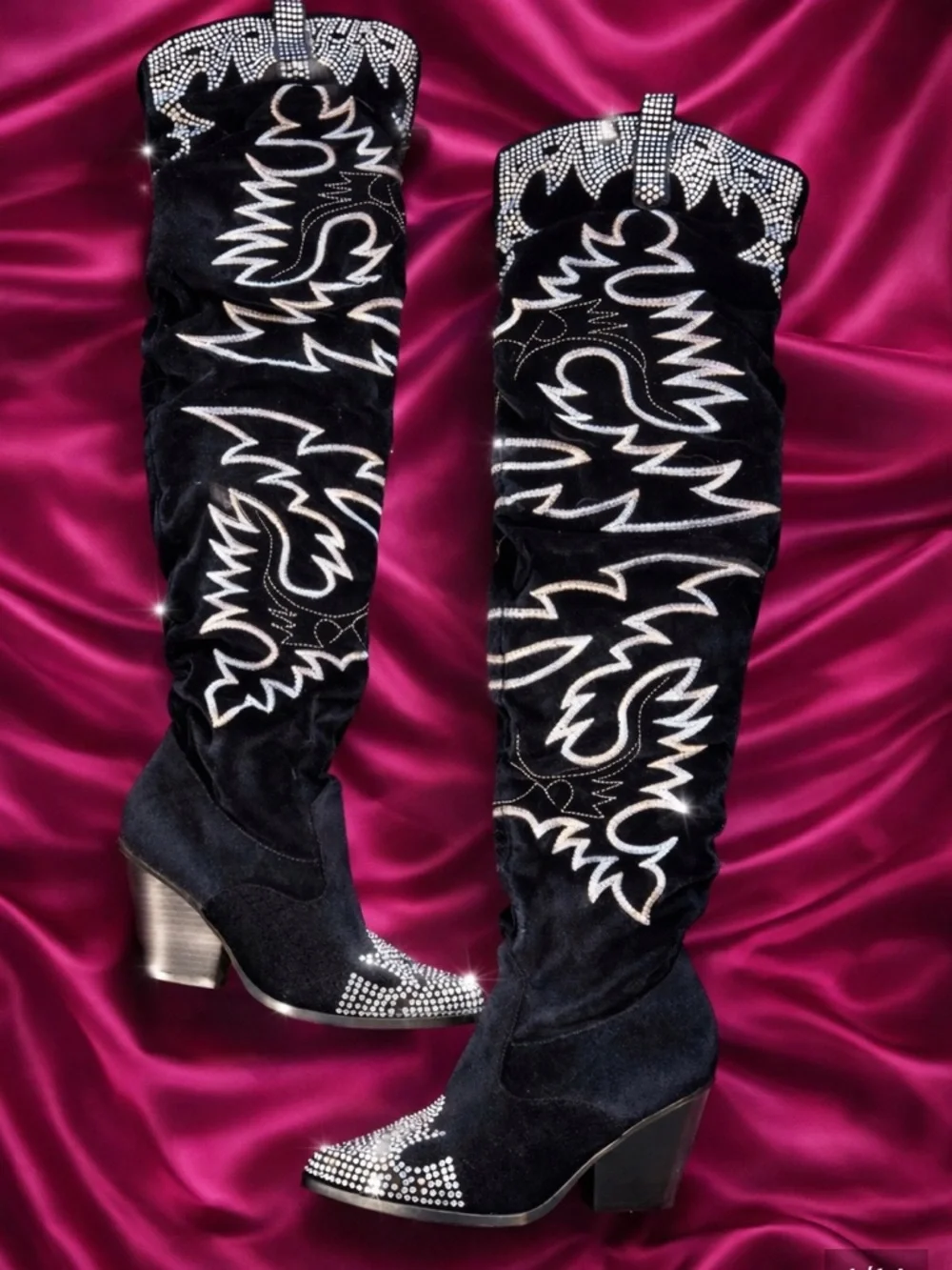 Black Velvet Rhinestone Embroidered Over-the-Knee Western Cowboy Boots Sz 8.5